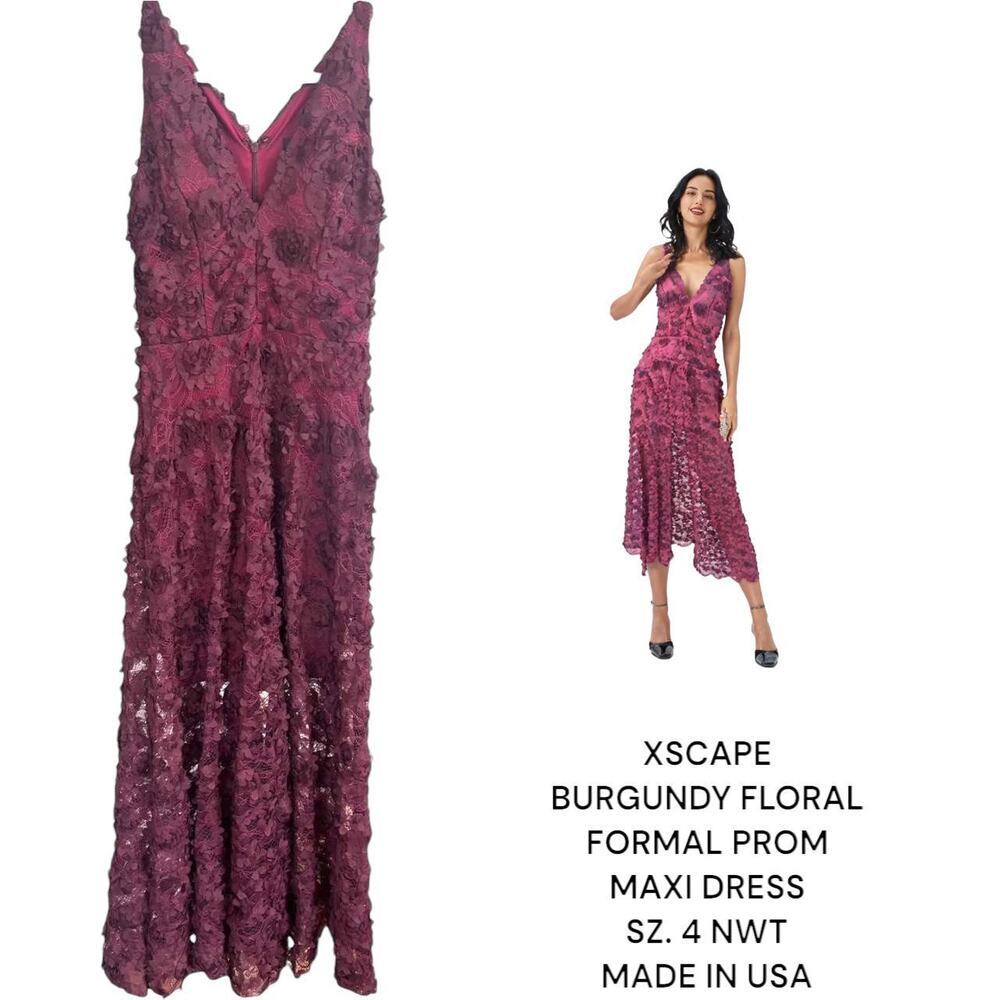 XSCAPE MADE IN USA BURGUNDY FLOWER PROM FORMAL MAXI DRESS SZ. 4 SMALL NWT